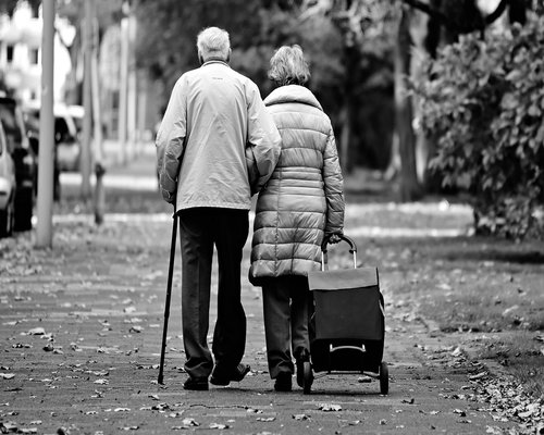 Indian elderly couple walking in a green park environment